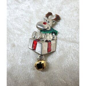 Vintage AJMC Multicolor Enamel Reindeer Setting on a Gift With Gold Bell Brooch